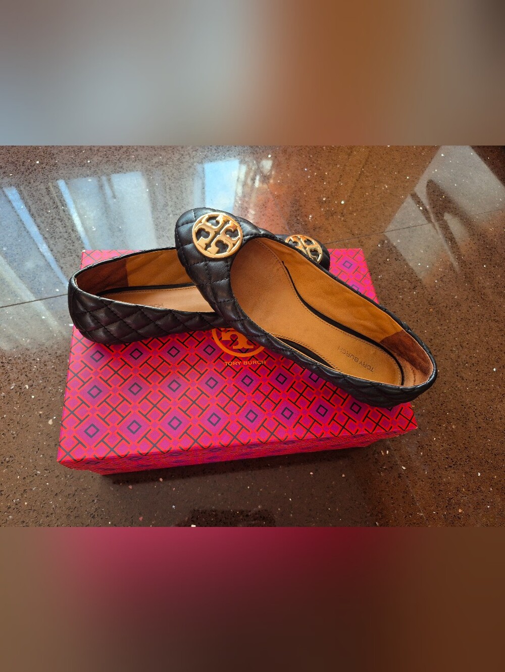 Tory Burch Black Quilted Leather Logo Cap-Toe Flats - Picture 2 of 7